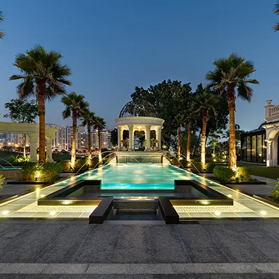 Villa in Dubai showing the swimming pool in the garden, design by Johann Kruger Design UAE / Dubai